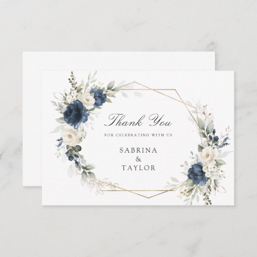 フローラネイビーブルー結婚グリーンサンキューカード サンキューカード (正面/裏面)
