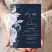 フローラネイビーブルー薄紫シルバーグリッター結婚ズ 招待状