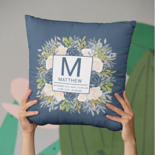 フローラネイビーブルー誕生統計生まれたばかりのベビー クッション