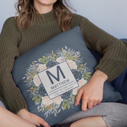 フローラネイビーブルー誕生統計生まれたばかりのベビー クッション