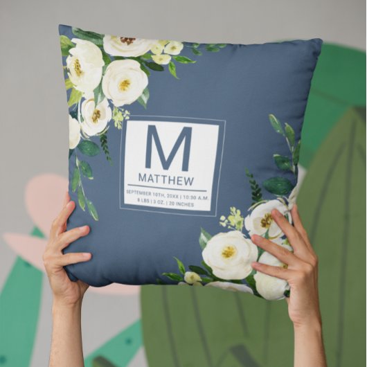 フローラネイビーブルー誕生統計生まれたばかりのベビー クッション