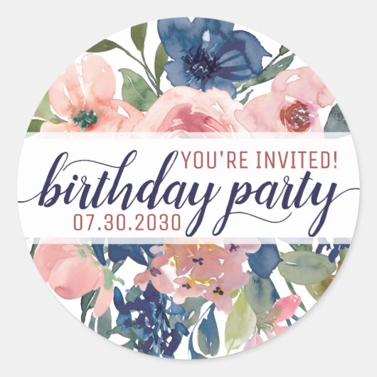 フローラネイビーブルー赤面ピンクユエ招待され誕生日 ラウンドシール (正面)