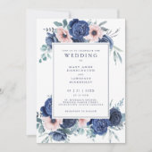 フローラネイビーブルー赤面ピンク結婚式招待状 招待状 (正面)