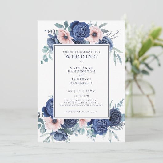 フローラネイビーブルー赤面ピンク結婚式招待状 招待状 (スタンド正面)