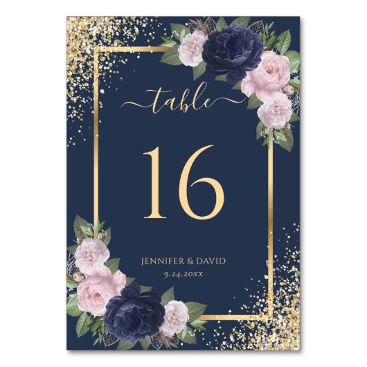 フローラネイビーブルー赤面ピンク金ゴールドフレーム結婚ズ テーブルナンバー (裏面)
