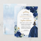 フローラネイビーブルー金ゴールドガウン誕生日キンセアニェラ インビテーションポストカード (正面/裏面)
