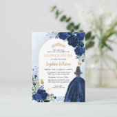 フローラネイビーブルー金ゴールドガウン誕生日キンセアニェラ インビテーションポストカード (スタンド正面)