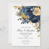 フローラネイビーブルー金ゴールドガーデンエレガントな結婚式 招待状 (正面)