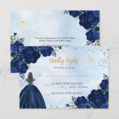 フローラネイビーブルー金ゴールドグリッタープリンセスキンセアニラ 出欠カード (正面/裏面)