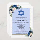 フローラネイビーブルー金ゴールドスターオブデイヴィッドバー（ユダヤ教の）バル・ミツバー 招待状 (正面/裏面)