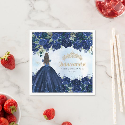 フローラネイビーブルー金ゴールドドレスプリンセスキンセアニェラ スタンダードカクテルナプキン (インサイチュ)