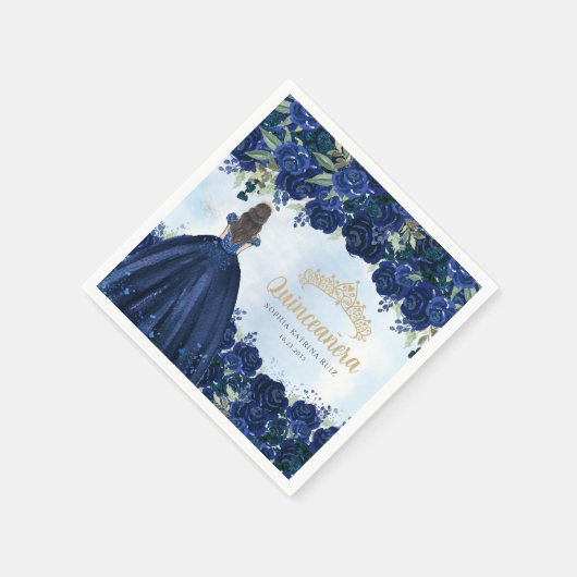 フローラネイビーブルー金ゴールドドレスプリンセスキンセアニェラ スタンダードカクテルナプキン (角)