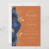 フローラネイビーブルー金ゴールドバーンドオレンジ結婚ズ 招待状 (正面)