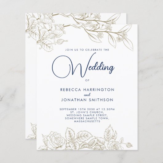 フローラネイビーブルー金ゴールド予算結婚式招待状 (正面/裏面)