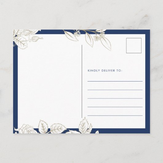 フローラネイビーブルー金ゴールド結婚式の日付を保存 ポストカード (裏面)