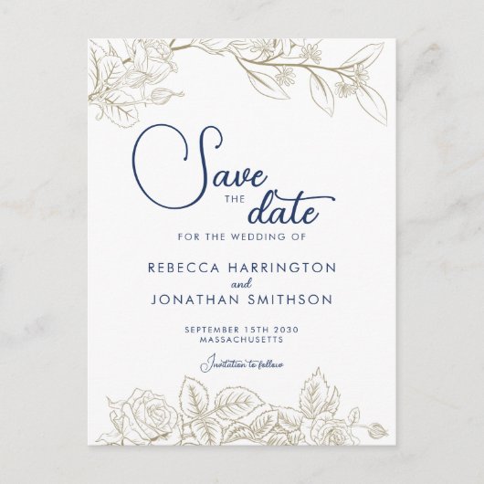 フローラネイビーブルー金ゴールド結婚式の日付を保存 ポストカード (正面)