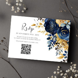 フローラネイビーブルー金ゴールドQRコード結婚 出欠カード