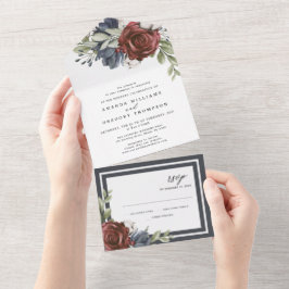 フローラネイビーブルー | 水彩エレガントな結婚式 オールインワン招待状