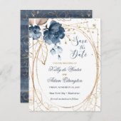 フローラネイビーブルー、金ゴールド保存日付写真 セーブザデート (正面/裏面)