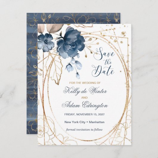 フローラネイビーブルー、金ゴールド保存日付写真 セーブザデート (正面/裏面)