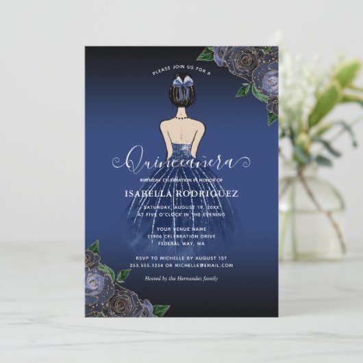 フローラネイビープリンセス金ゴールド誕生日キンセアニラ 招待状 (スタンド正面)