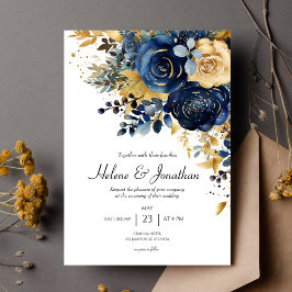 フローラネイビーモダンブルー金ゴールドエレガントな結婚式 招待状