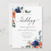 フローラネイビー焼けオレンジさび水の色結婚の 招待状 (正面)