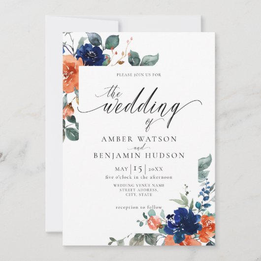 フローラネイビー焼けオレンジさび水の色結婚の 招待状 (正面)