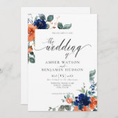 フローラネイビー焼けオレンジさび水の色結婚の 招待状 (正面/裏面)