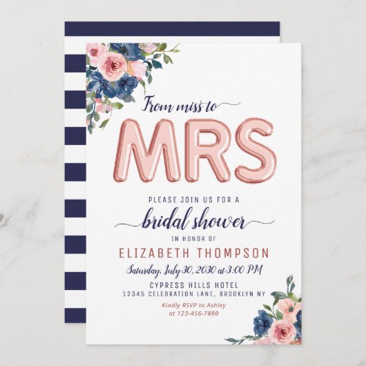 フローラネイビー赤面バラ金ゴールドバルーンブライダルシャワー 招待状 (正面/裏面)