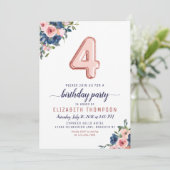 フローラネイビー赤面バラ金ゴールドバルーン4th誕生日 招待状 (スタンド正面)