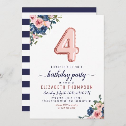 フローラネイビー赤面バラ金ゴールドバルーン4th誕生日 招待状 (正面/裏面)
