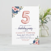 フローラネイビー赤面バラ金ゴールドバルーン5th誕生日 招待状 (スタンド正面)