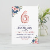 フローラネイビー赤面バラ金ゴールドバルーン6誕生日 招待状 (スタンド正面)