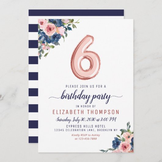フローラネイビー赤面バラ金ゴールドバルーン6誕生日 招待状 (正面/裏面)