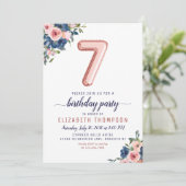 フローラネイビー赤面バラ金ゴールドバルーン7誕生日 招待状 (スタンド正面)