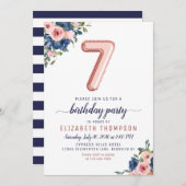 フローラネイビー赤面バラ金ゴールドバルーン7誕生日 招待状 (正面/裏面)