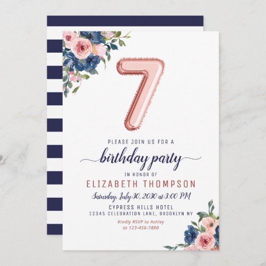 フローラネイビー赤面バラ金ゴールドバルーン7誕生日 招待状 (正面/裏面)
