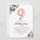フローラネイビー赤面バラ金ゴールドバルーン9誕生日 招待状 (正面)