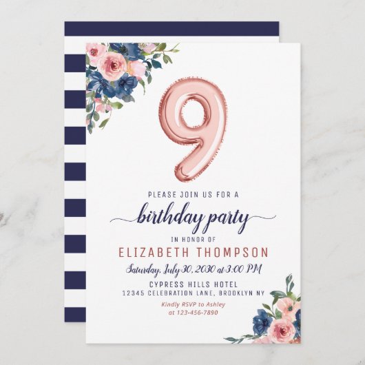 フローラネイビー赤面バラ金ゴールドバルーン9誕生日 招待状 (正面/裏面)
