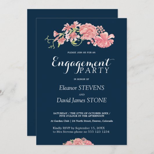 フローラネイビー赤面婚約パーティ招待状 招待状 (正面/裏面)