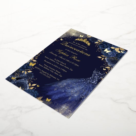 フローラネイビー金ゴールドバタフライドレスキンセアニェラ 箔招待状 (回転した状態)