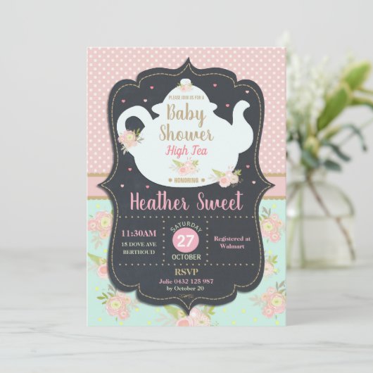 フローラハイティーパーティーベビーシャワー招待状女の子 招待状 (スタンド正面)