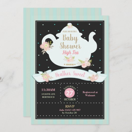 フローラハイティーパーティーベビーシャワー招待状 招待状 (正面/裏面)