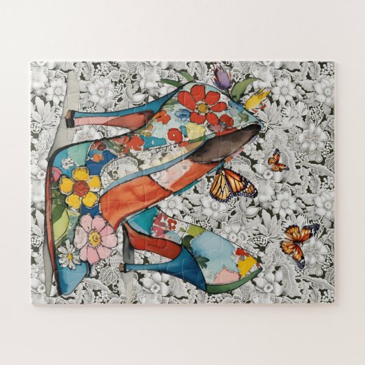 フローラハイヒールのパンプス蝶ヴィンテージレース ジグソーパズル (横)