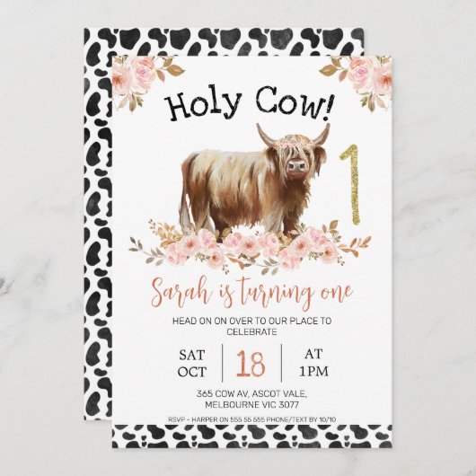 フローラハイランドホーリーカウカウカプリントファースト誕生日 招待状 (正面/裏面)