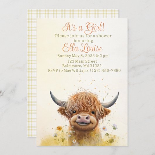 フローラハイランド牛の赤ちゃんシャワー招待 招待状 (正面/裏面)