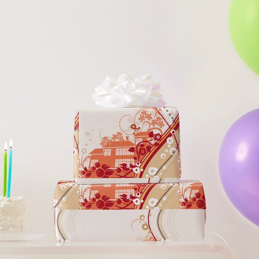 フローラハウスイラストレーション旋回と自然パターン ラッピングペーパー