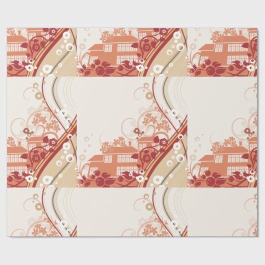 フローラハウスイラストレーション旋回と自然パターン ラッピングペーパー (フラット)