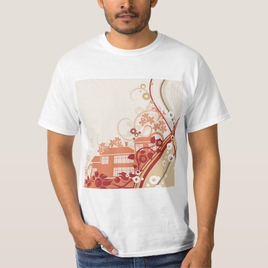 フローラハウスイラストレーション旋回と自然パターン Tシャツ (正面)